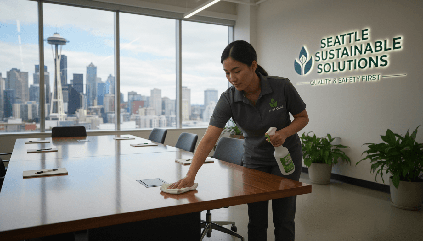 Cleaner disinfecting a conference table in a bright Seattle office, using eco-friendly products.