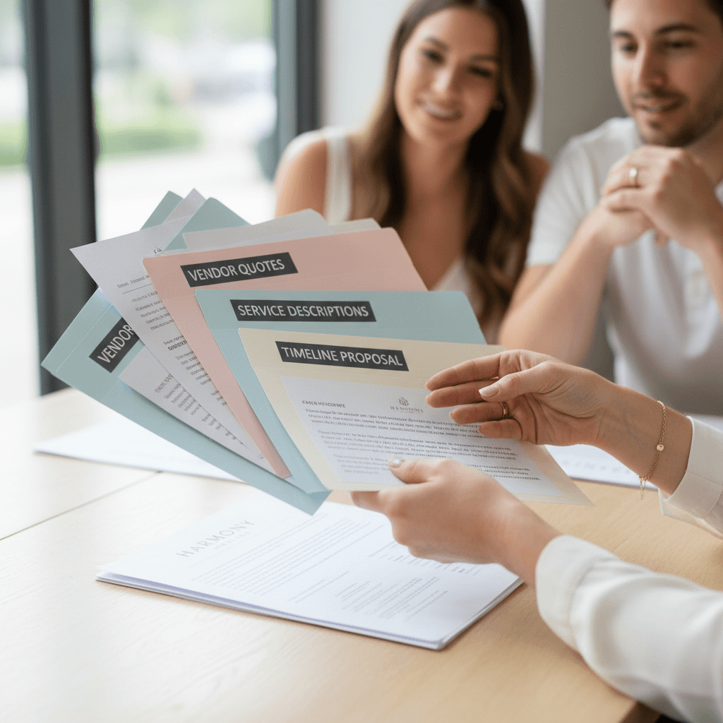 Wedding planner presenting organized vendor proposal packages and quotes to engaged couple