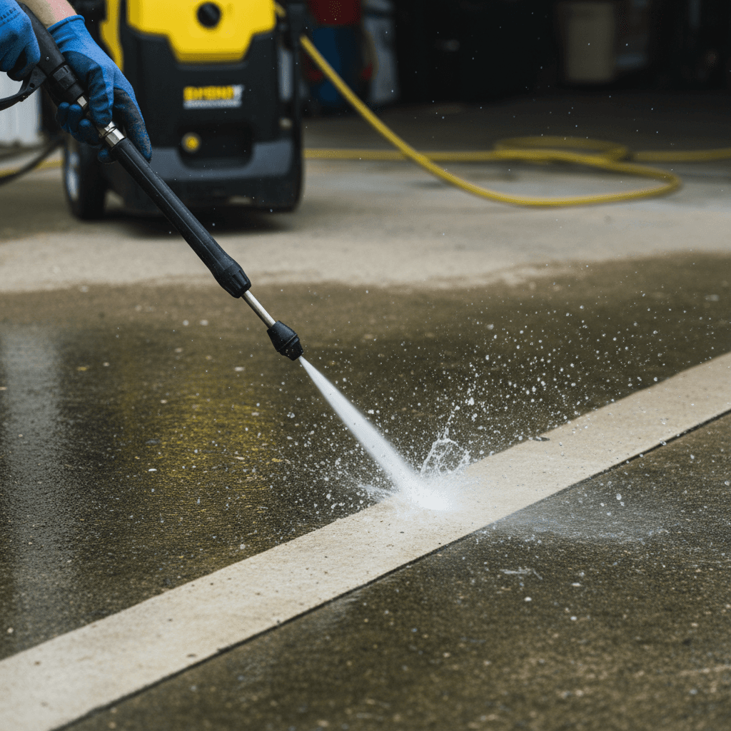 Close-up of high-pressure water jet removing grime from concrete driveway with operator's gloved hands visible