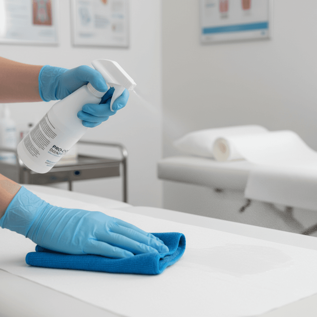 Healthcare worker applying disinfectant solution to medical examination room surface with cloth