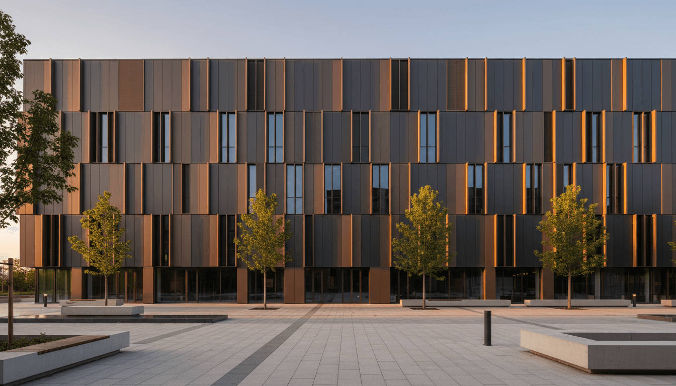 Multi-story commercial building with composite cladding panels in charcoal and bronze tones, captured in dramatic golden hour lighting