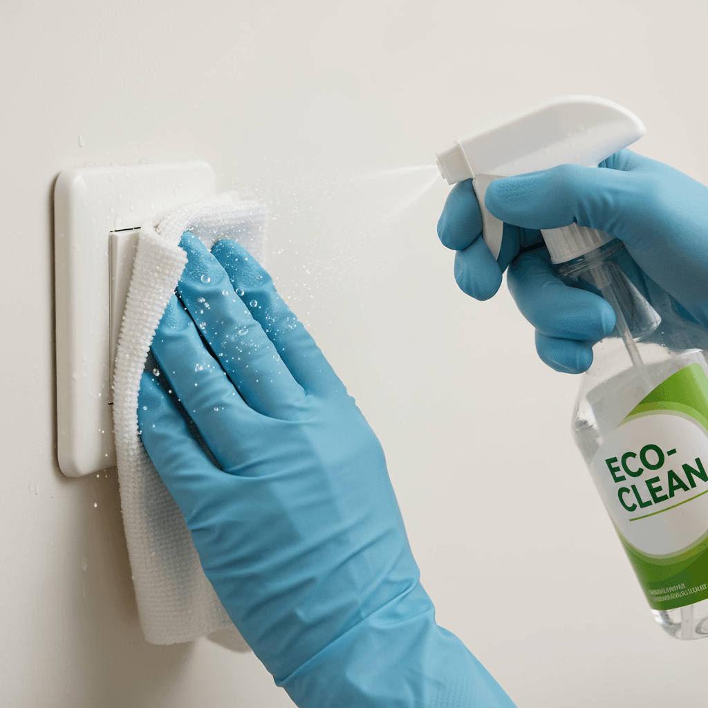 Extreme close-up of gloved hands disinfecting light switch with eco-friendly spray and cloth