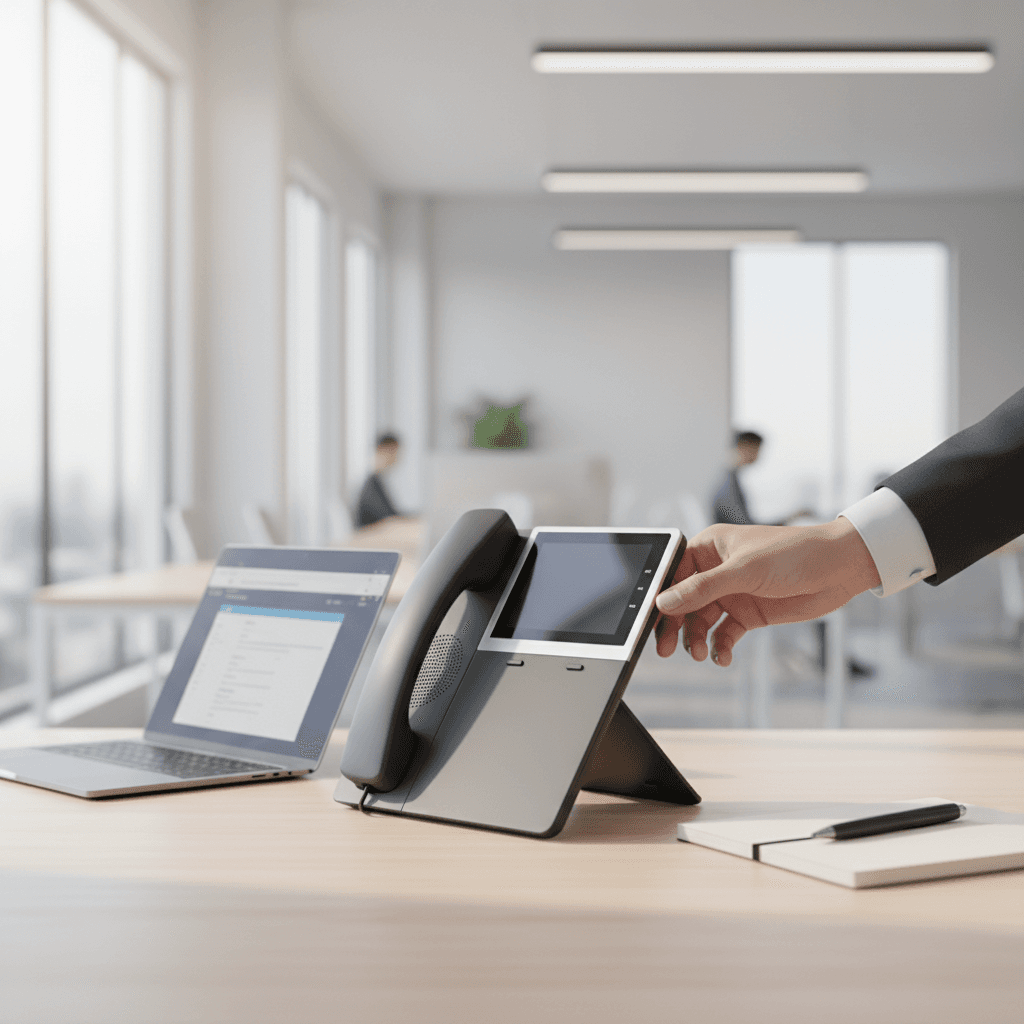 Professional hand adjusting modern IP phone on light wood desk with laptop, bright office background